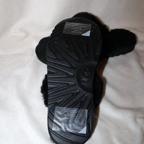 NIB‎ UGG LOGO WOMEN'S SUEDE SHEARLING COZY SLIDE SLIPPERS BLACK - Picture 7 of 11
